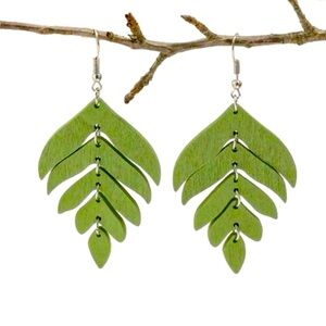 Green - Leaf Feather Wooden Drop Geometric Earrings